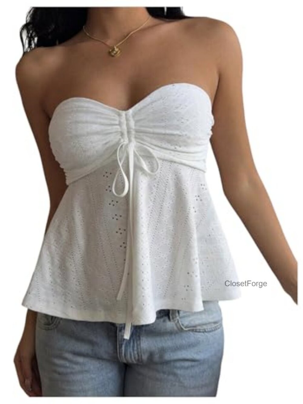 Eyelet Tie Front Babydoll Strapless Peplum Tube Top